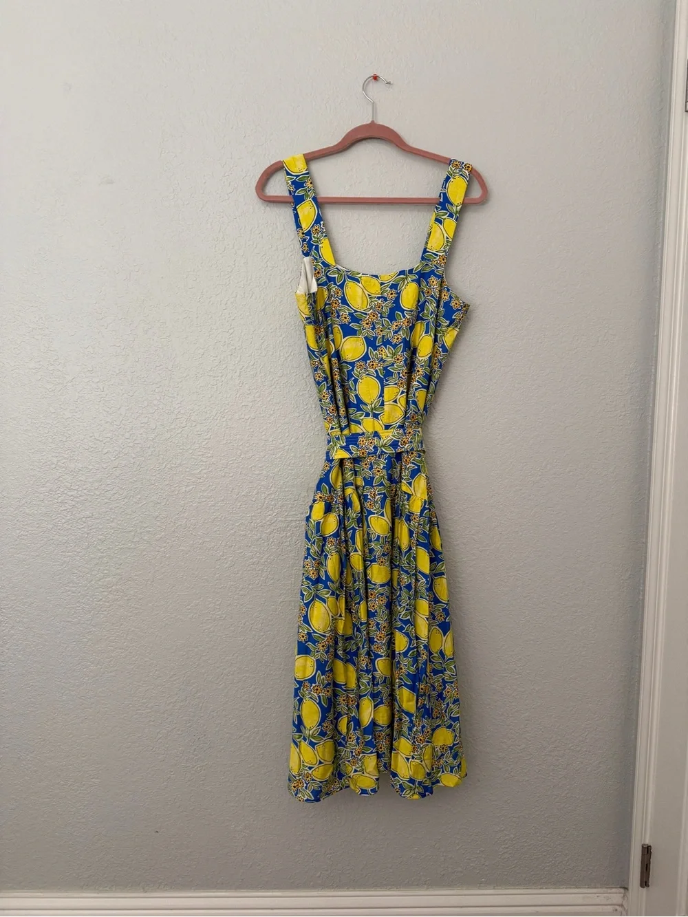 NWOT Yellow & Blue Lemon-Print Midi Dress with Tie Waist - Picture 10 of 16